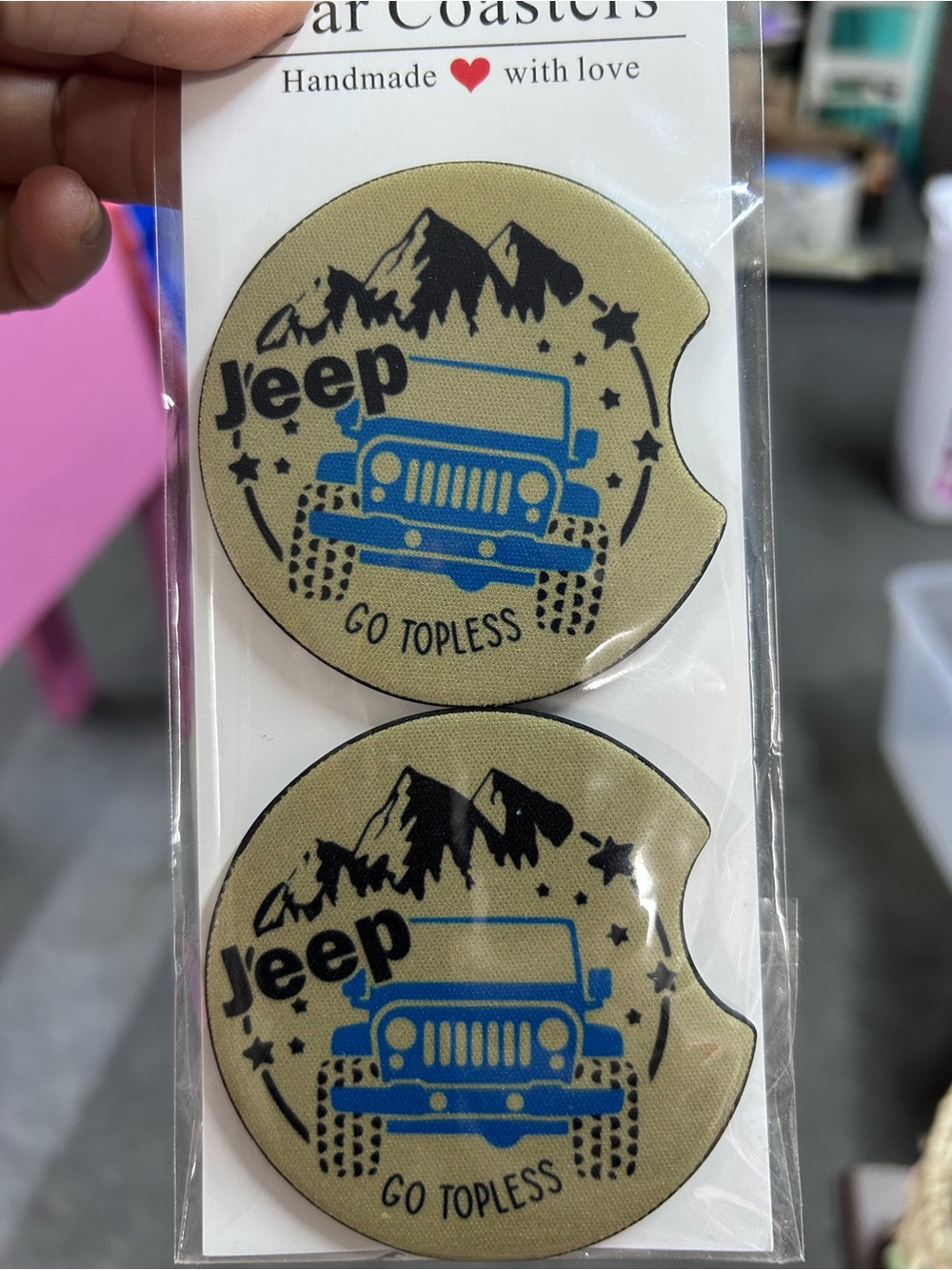 Jeep  Car Coasters - Tan and Blue